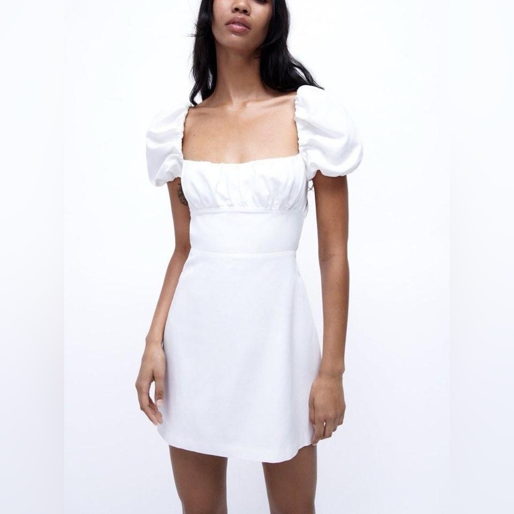ZARA White Puff Sleeve Backless Lace Up Cottagecore Mini Dress
